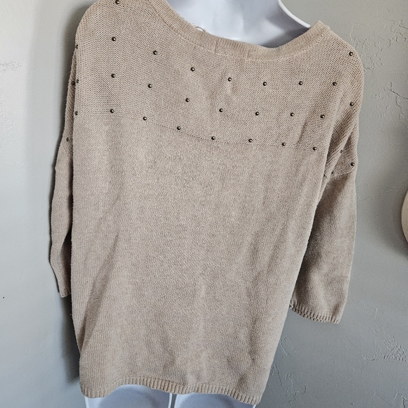 Route 66 Women's Small Beige Quarter Sleeve Sweater Gold Studded Boho Fall Shirt - Picture 5 of 7